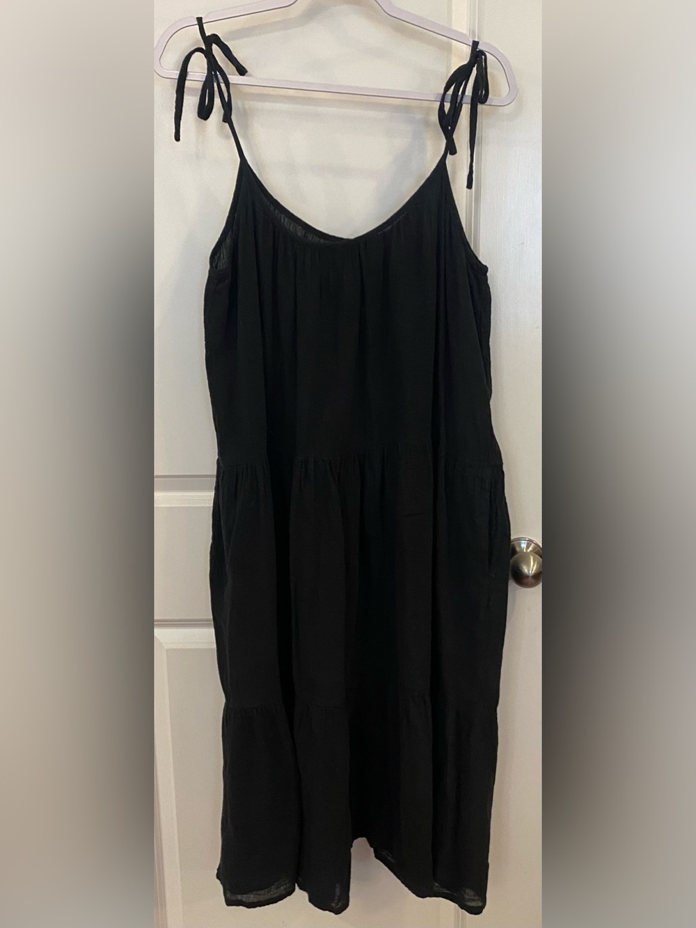 Honorine Tiered Maxi Dress Sz S Black Tie Shoulder Straps Relaxed Trapeze Style